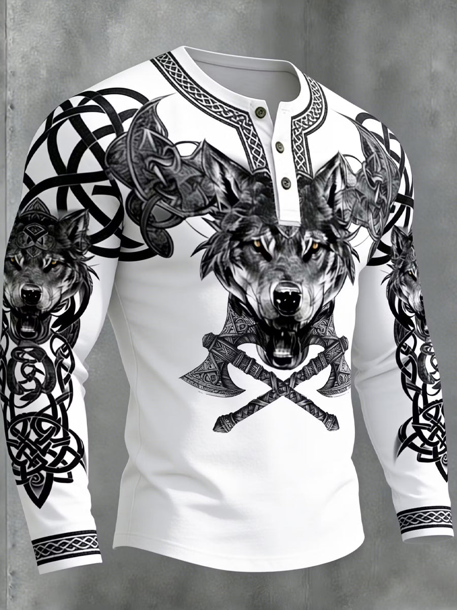 Lässiges Henley-Hemd mit Vintage Viking-Kunstdruck