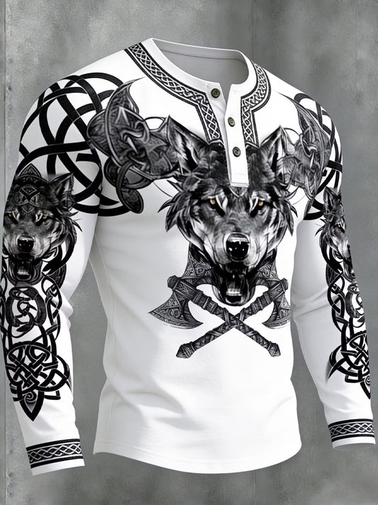 Lässiges Henley-Hemd mit Vintage Viking-Kunstdruck