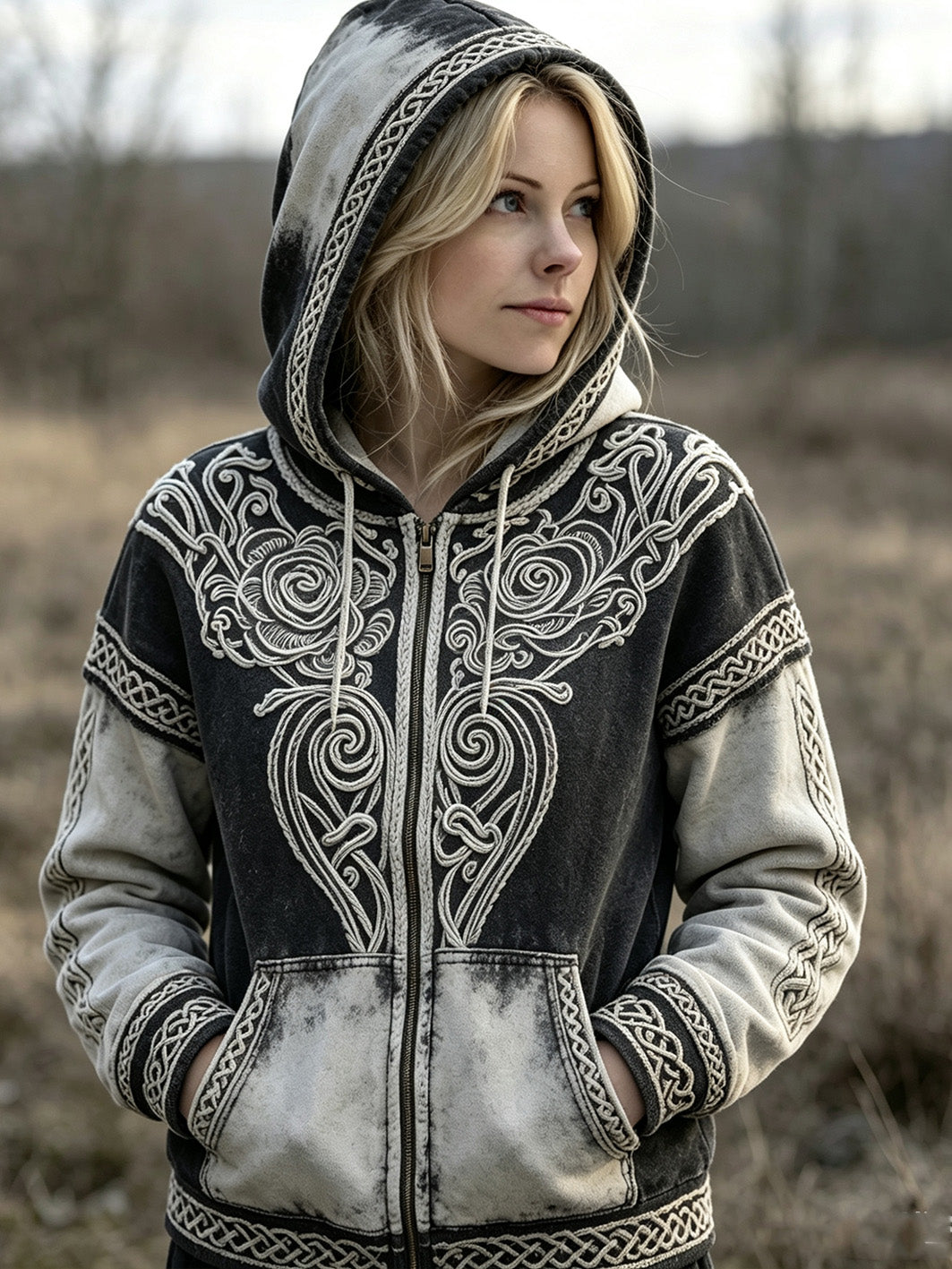 Damen-Retro-Viking‑Keltisches‑Knotenmuster‑bedruckter lässiger Kapuzenpullover mit Reißverschluss