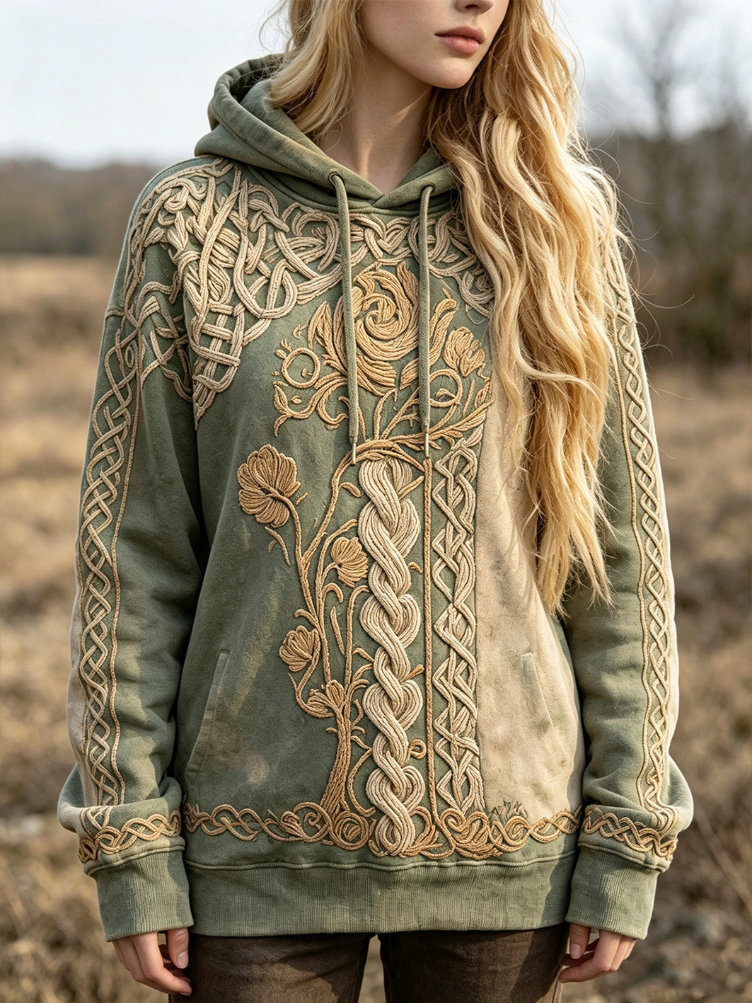 Lässige Kapuzenjacke für Damen mit aufgedrucktem Retro-Muster im Wikinger‑Keltischen Knotenstil