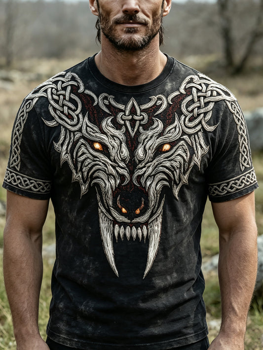 Herren-Retro-Viking-T-Shirt mit Wolfskopf-Muster, lässig, kurze Ärmel