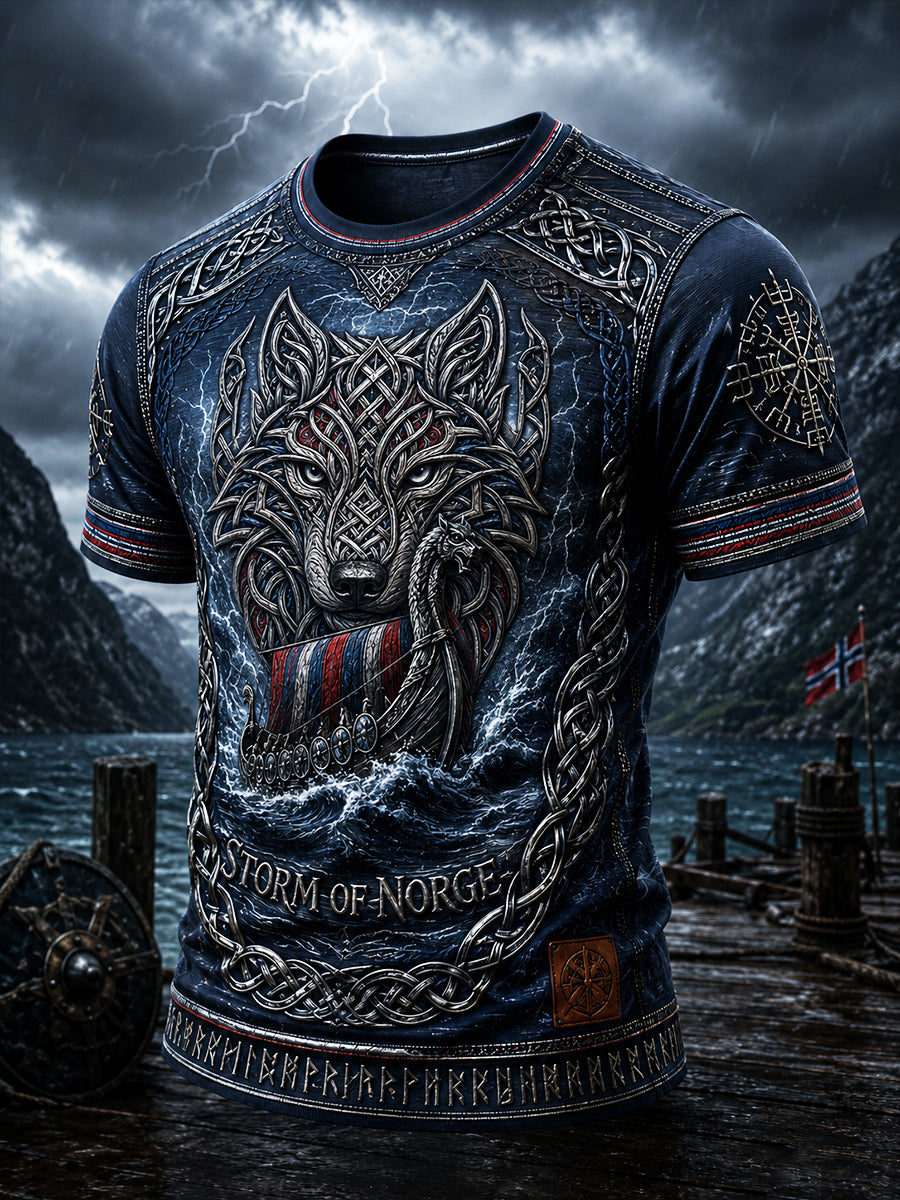 Lässiges T-Shirt mit Vintage-Viking-Art-Print