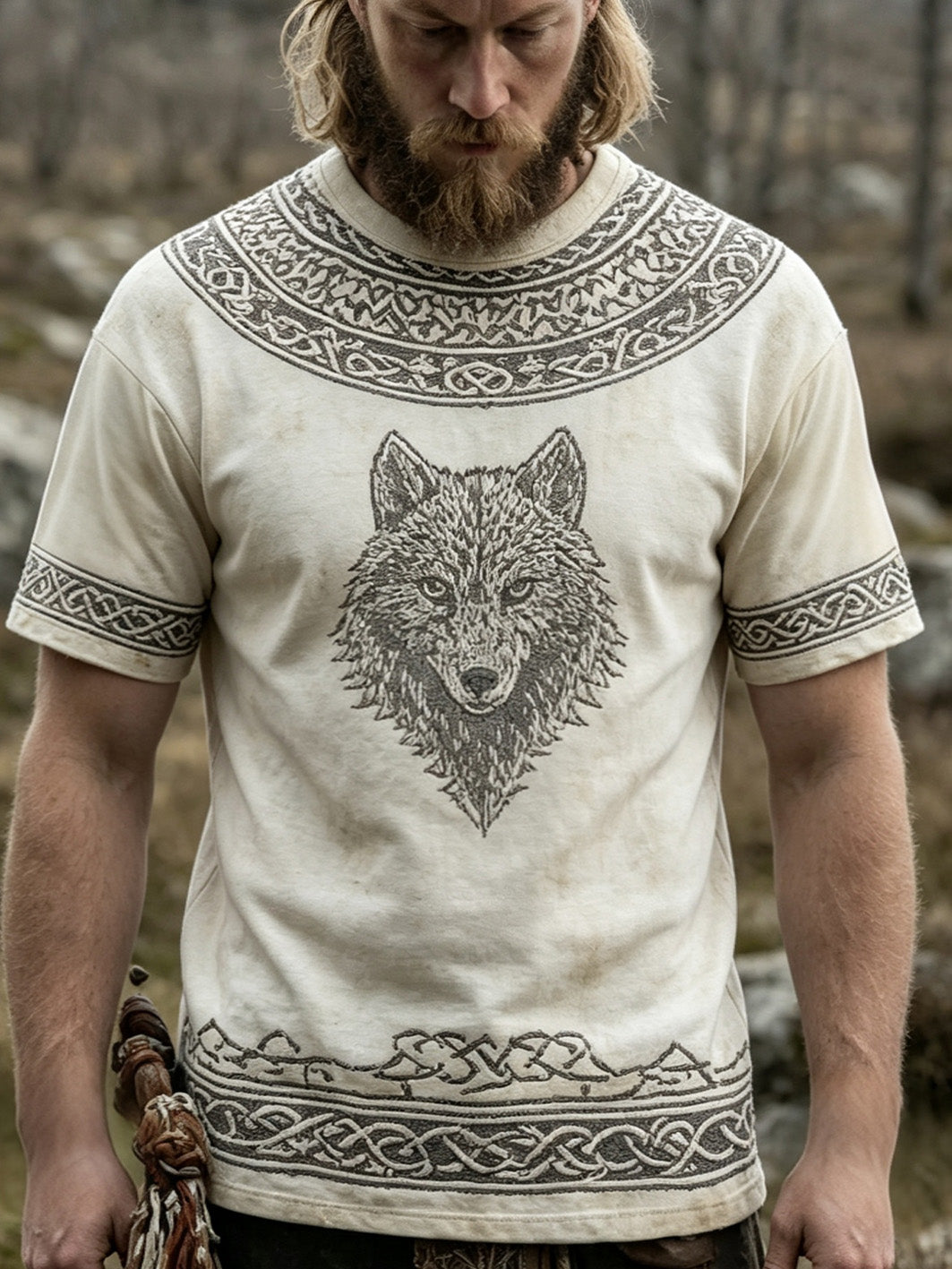 Herren-Retro-Viking-T-Shirt mit Wolfskopf-Muster, lässig, kurze Ärmel