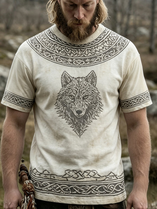 Herren-Retro-Viking-T-Shirt mit Wolfskopf-Muster, lässig, kurze Ärmel