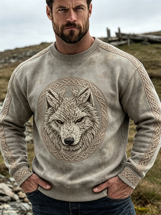 Herren-Vintage-Viking-Wolf-keltischer-Print-Rundhals-Sweatshirt