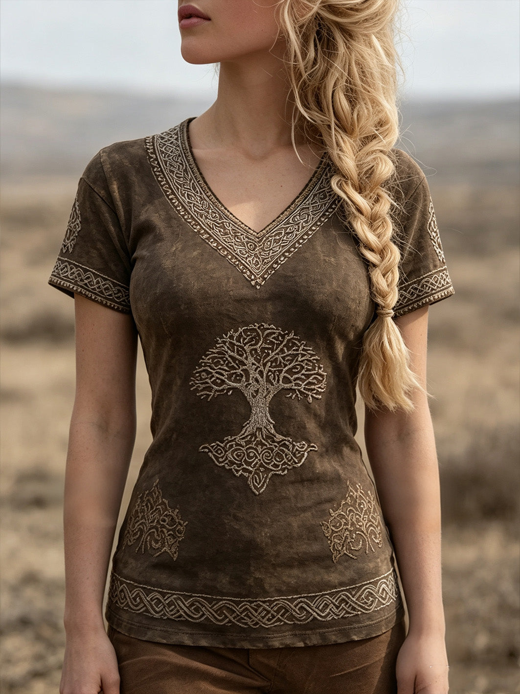 Damen-Retro-T-Shirt mit Levensbaum-Motiv und kurzen Ärmeln, lässig bedruckt
