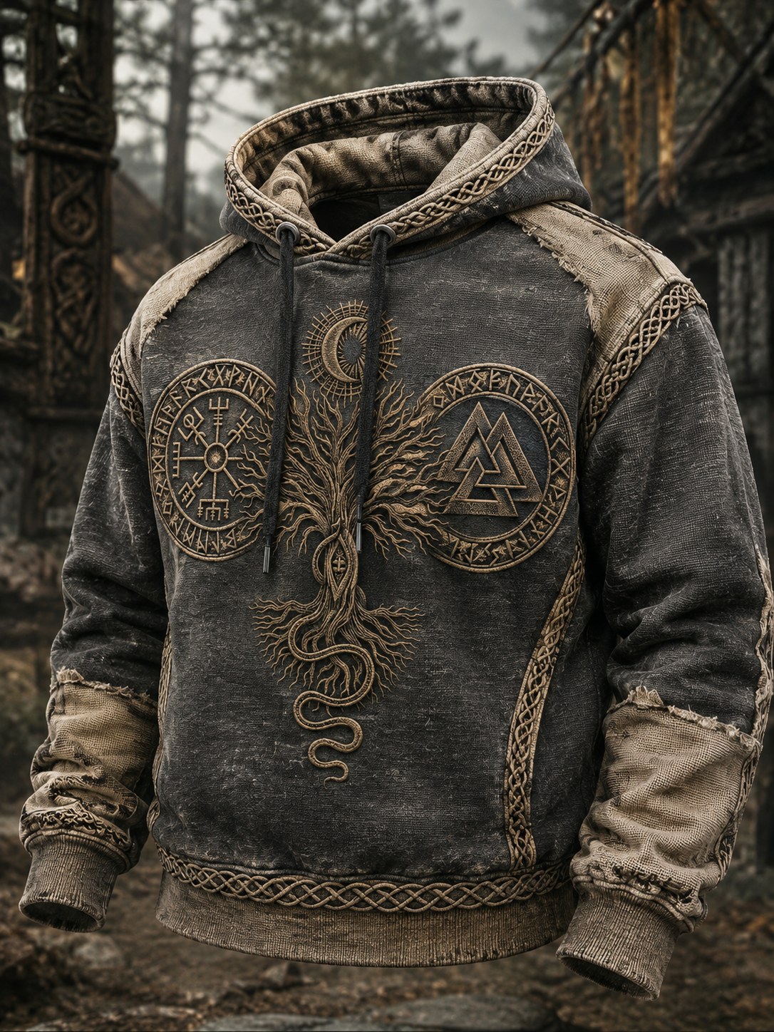 Herren-Retro-Viking-Valknut-Lebensbaum-Übergrößen-Hoodie