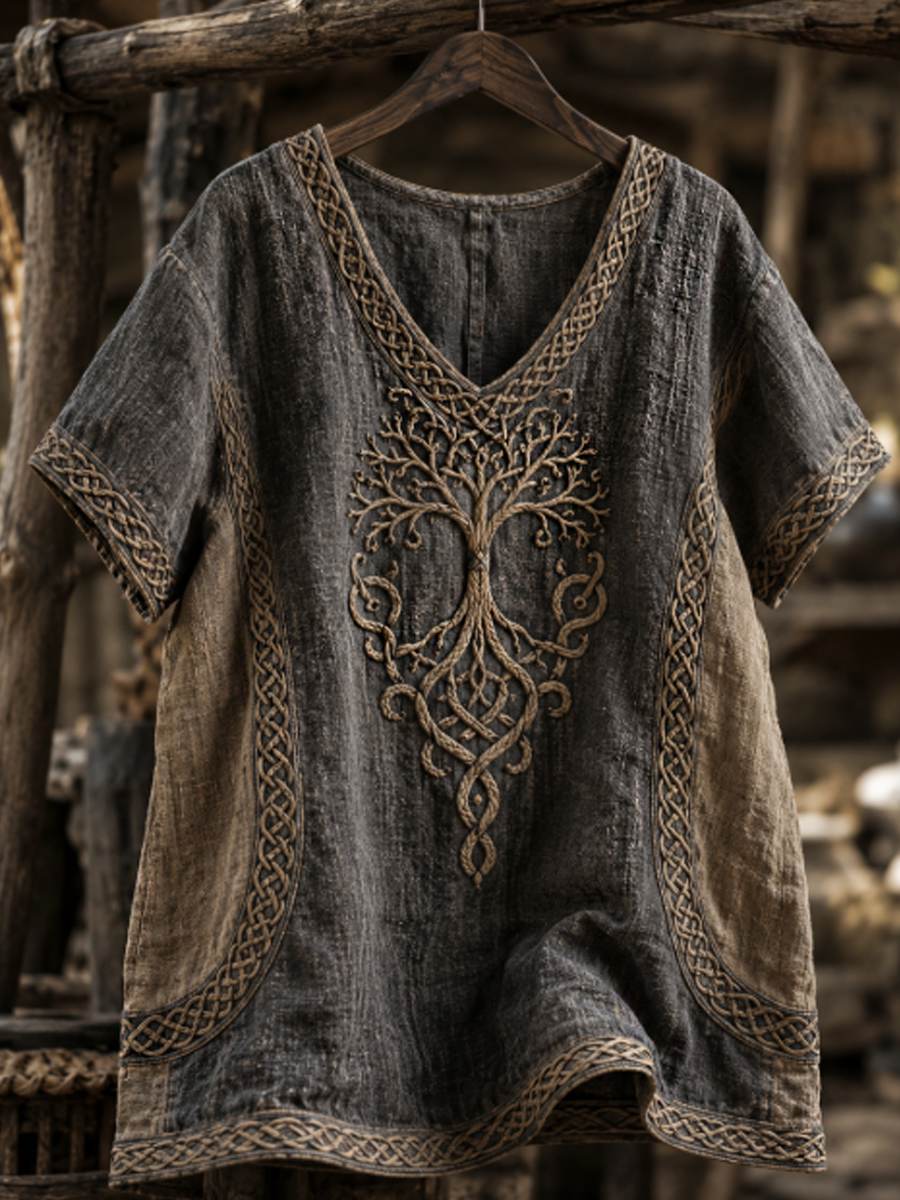 Damen-Viking-Life-of-Tree-Celti-Kunst-Leinen-T-Shirt mit kurzen Ärmeln
