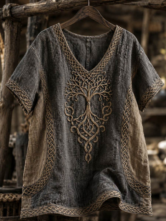 Damen-Viking-Life-of-Tree-Celti-Kunst-Leinen-T-Shirt mit kurzen Ärmeln