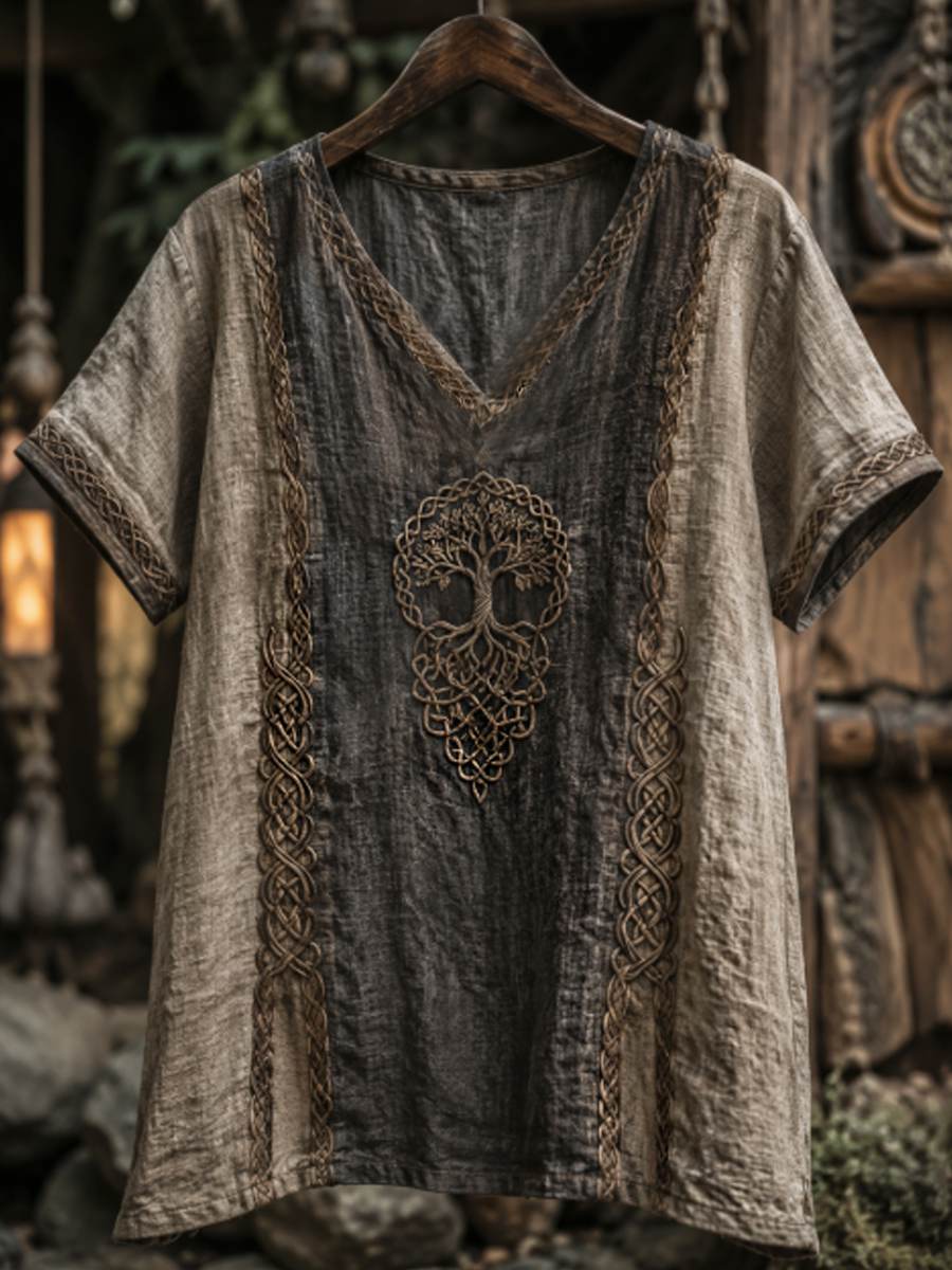Damen-Viking-Life-of-Tree-Celti-Kunst-Leinen-T-Shirt mit kurzen Ärmeln