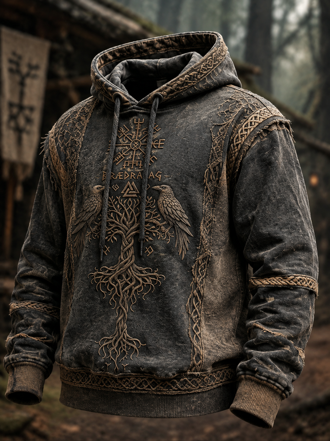 Herren-Retro-Viking-Valknut-Lebensbaum-Übergrößen-Hoodie