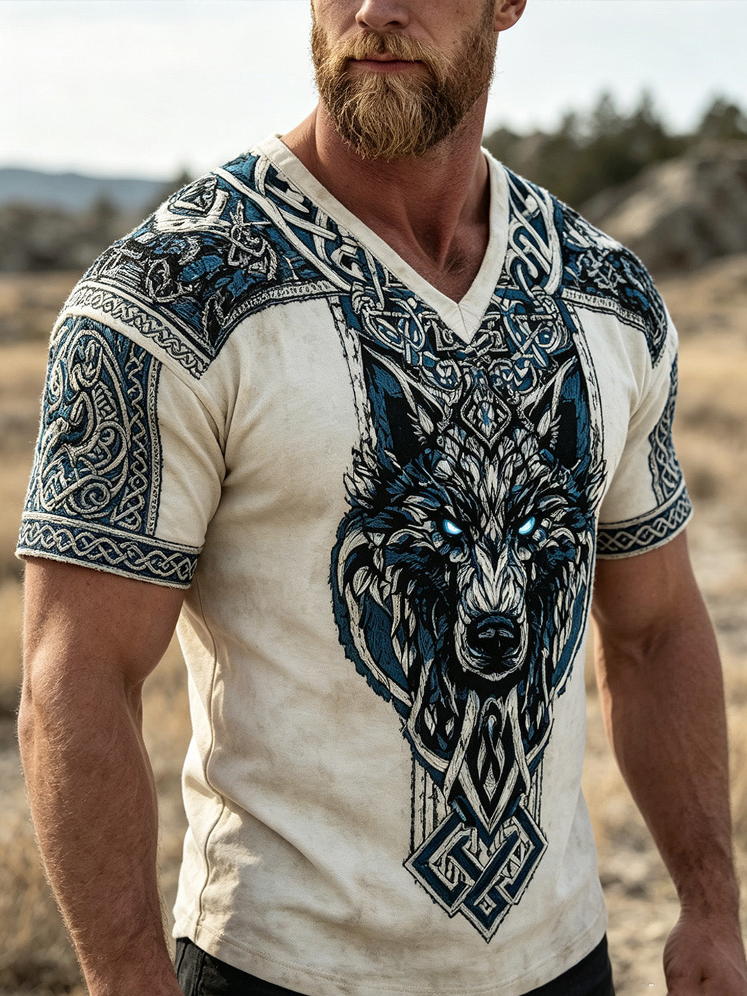Herren-Lässiges T-Shirt im Retro-Stil mit Wolfshaupt-Muster