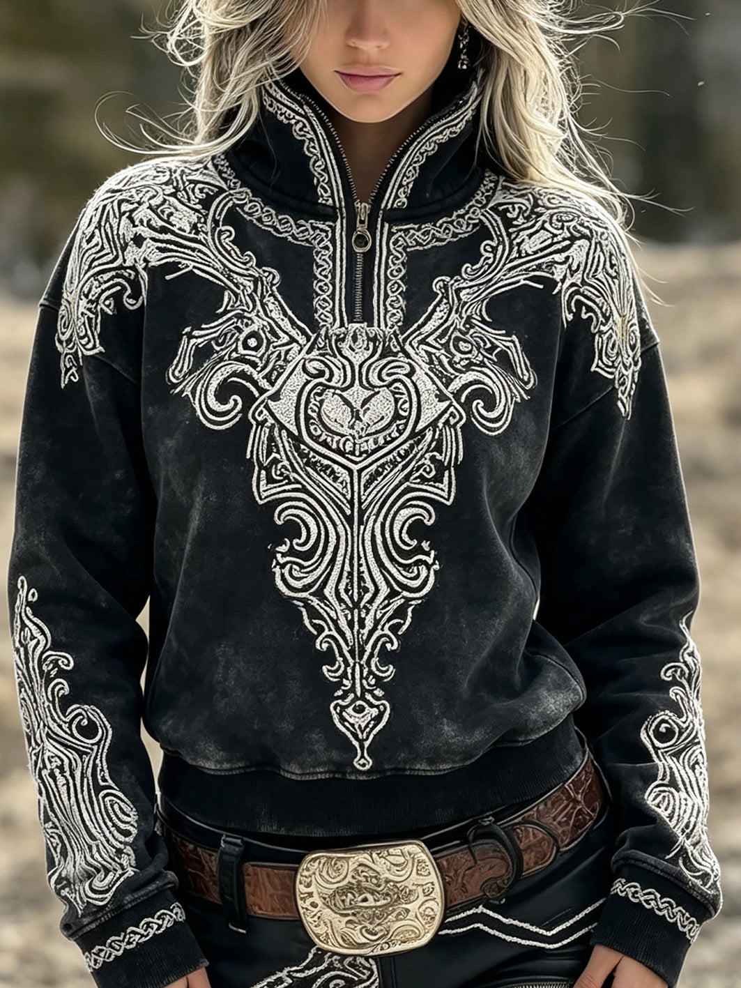Damen-Retro-Sweatshirt mit Wikingerflügel-Print, lässig, halber Reißverschluss
