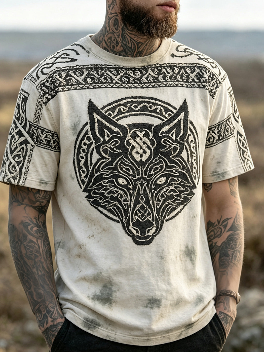 Herren Retro Viking Wolfskopf Muster gedruckt lässig kurze Ärmel T-Shirt