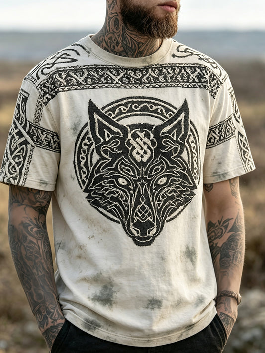 Herren Retro Viking Wolfskopf Muster gedruckt lässig kurze Ärmel T-Shirt