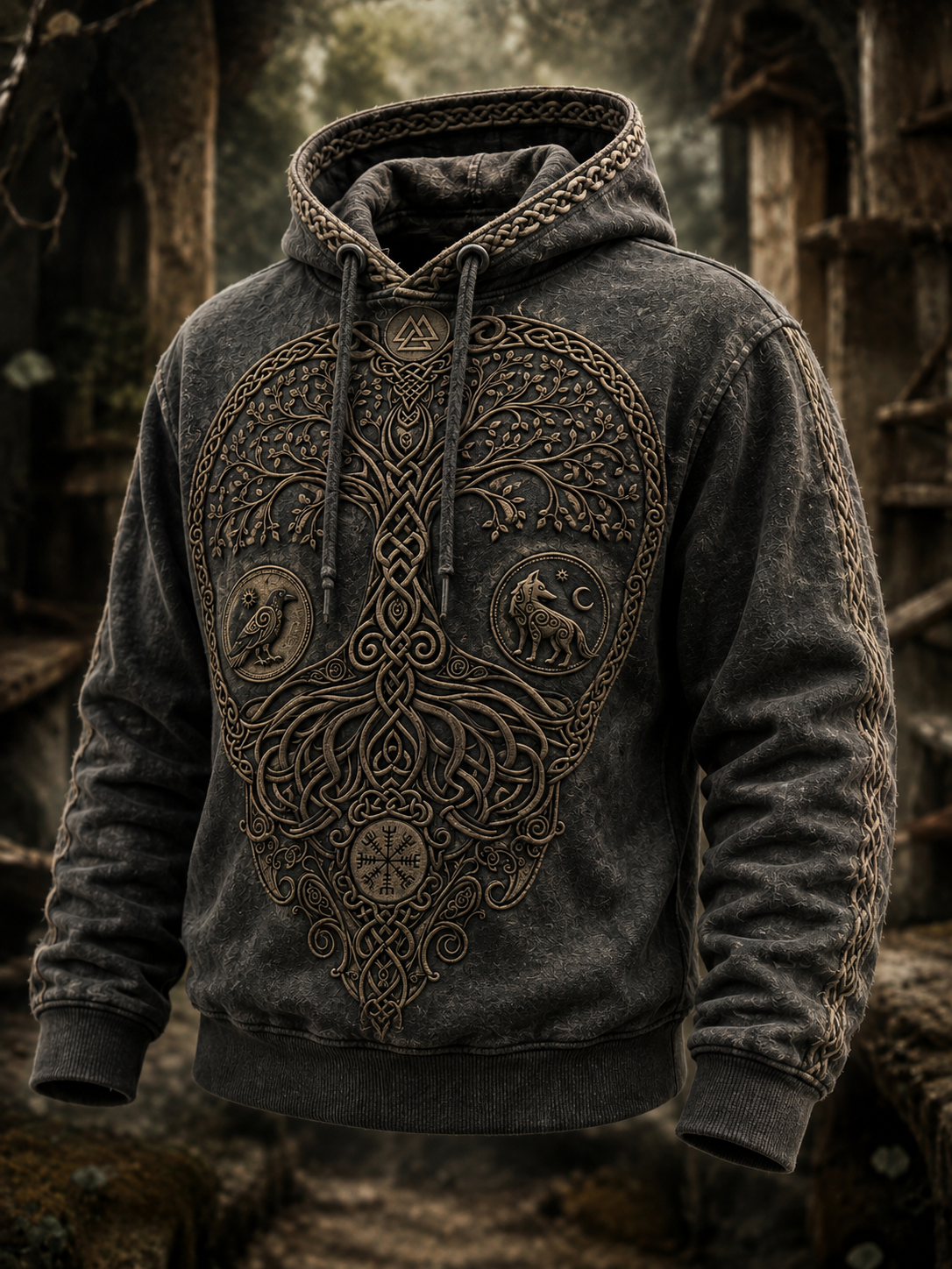 Herren-Retro-Viking-Valknut-Lebensbaum-Übergrößen-Hoodie