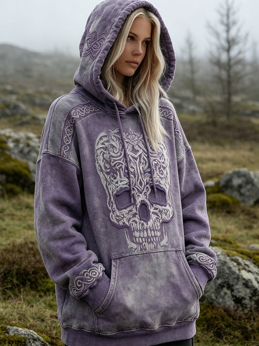 Damen-Kapuzenpullover im Retro-Viking-Style mit Totenkopf-Muster, lässig gewaschen