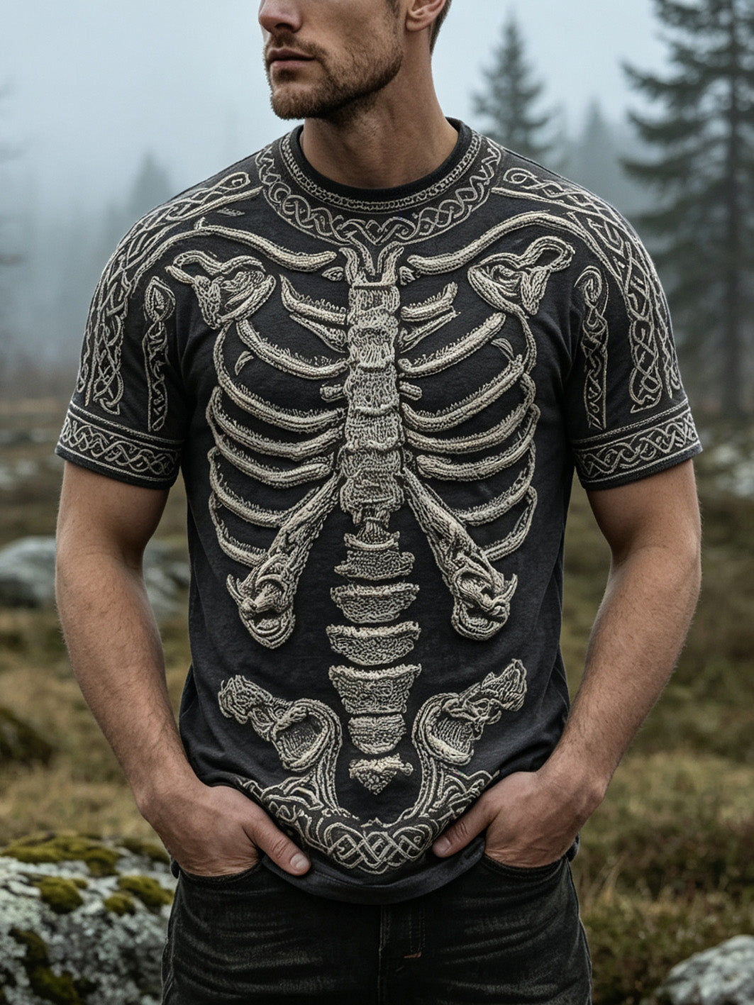 Herren-Casual-T-Shirt mit Retro-Druck im Totenkopf-Skelett-Design und kurzen Ärmeln