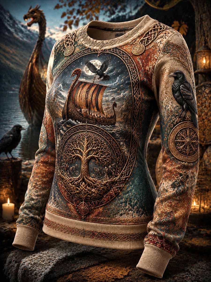 Damen Retro Wikinger Baum des Lebens Muster bedrucktes Sweatshirt