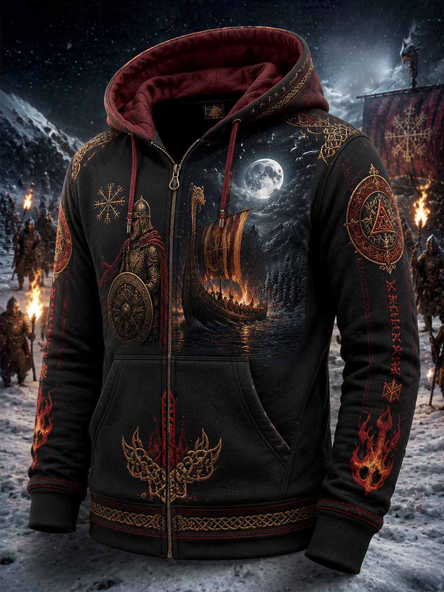 Herren Vintage Viking Muster Bedruckt Reiß verschluss Hoodie