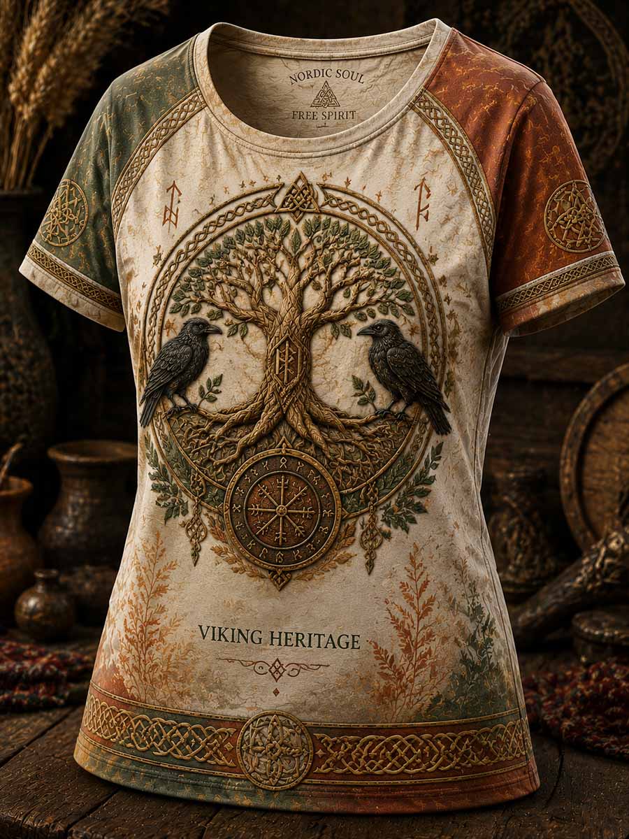 Damen Retro Wikinger Baum des Lebens Print T-Shirt