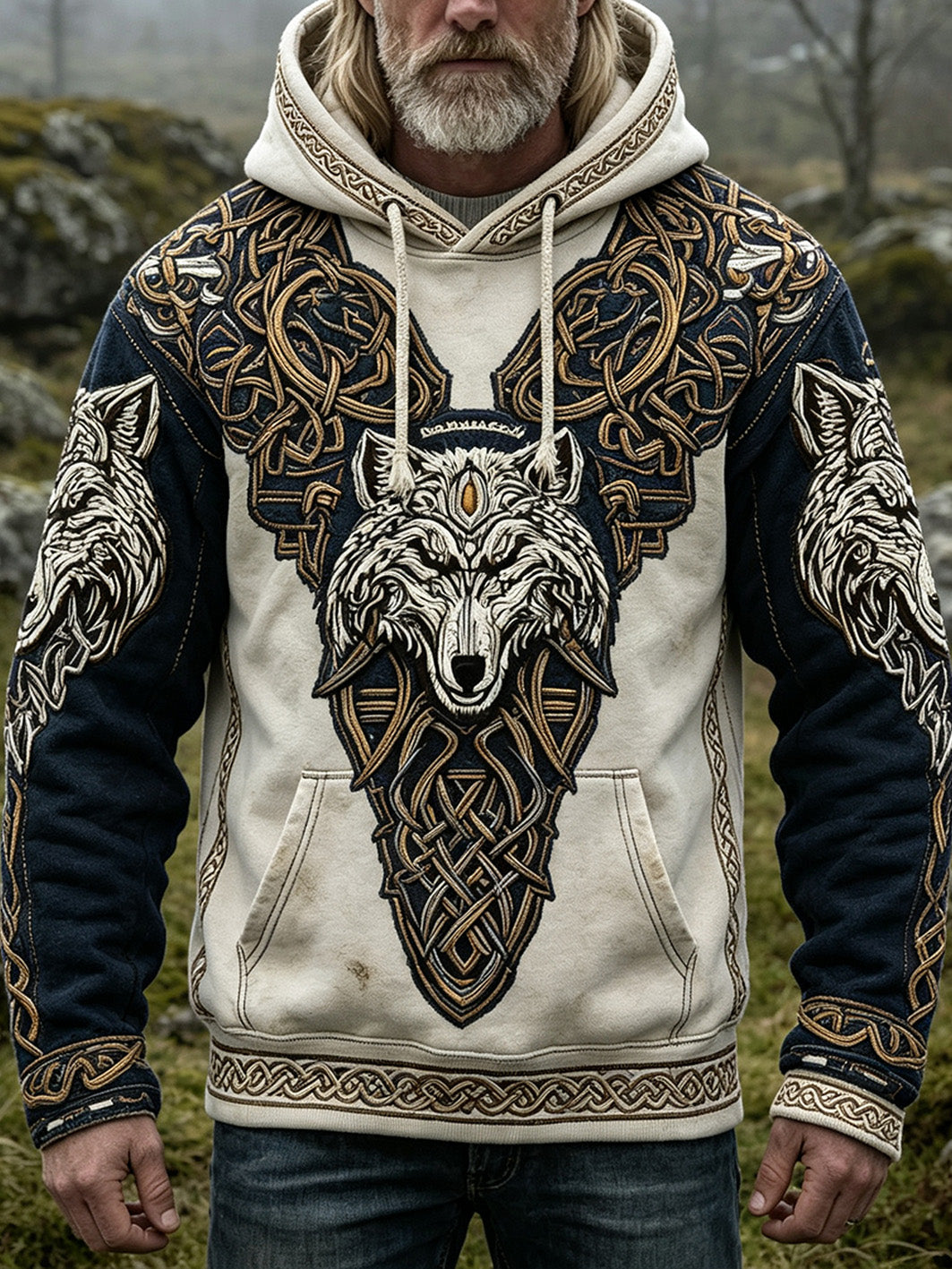 Herren-Kapuzenpullover im Retro-Viking-Style mit Wolfsmuster, lässig und gewaschen