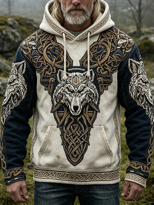 Herren-Kapuzenpullover im Retro-Viking-Style mit Wolfsmuster, lässig und gewaschen