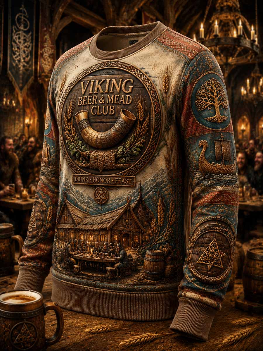 Herren Vintage Viking Bier Kunst Muster Bedrucktes Sweatshirt