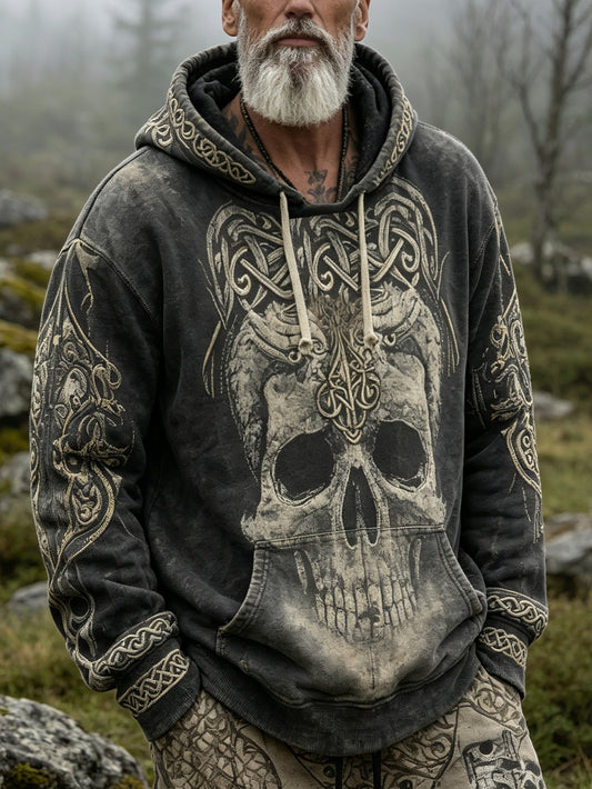 Herren-Kapuzenpullover im Retro-Viking-Style mit Totenkopf-Muster, lässig vorgewaschen