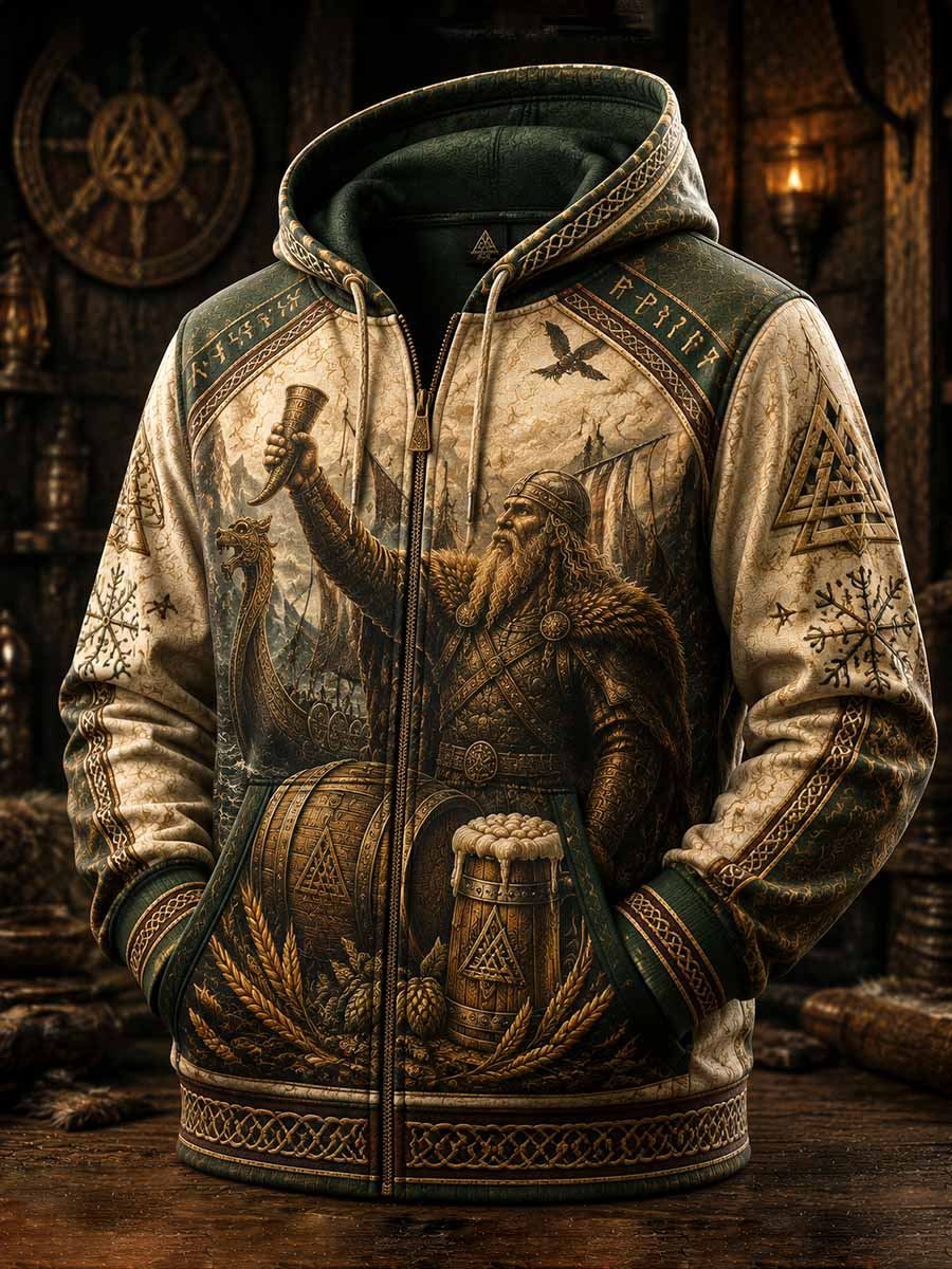 Herren Vintage Viking Bier Kunst Muster Bedruckter Reiß verschluss Hoodie