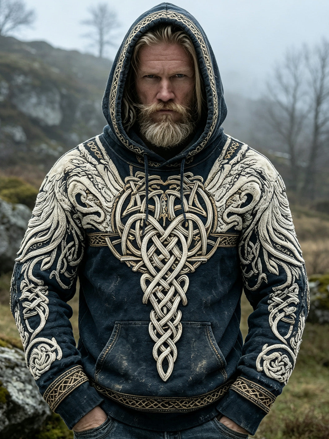 Herren-Kapuzenpullover im Retro-Viking-Style, lässig und gewaschen mit Musterdruck