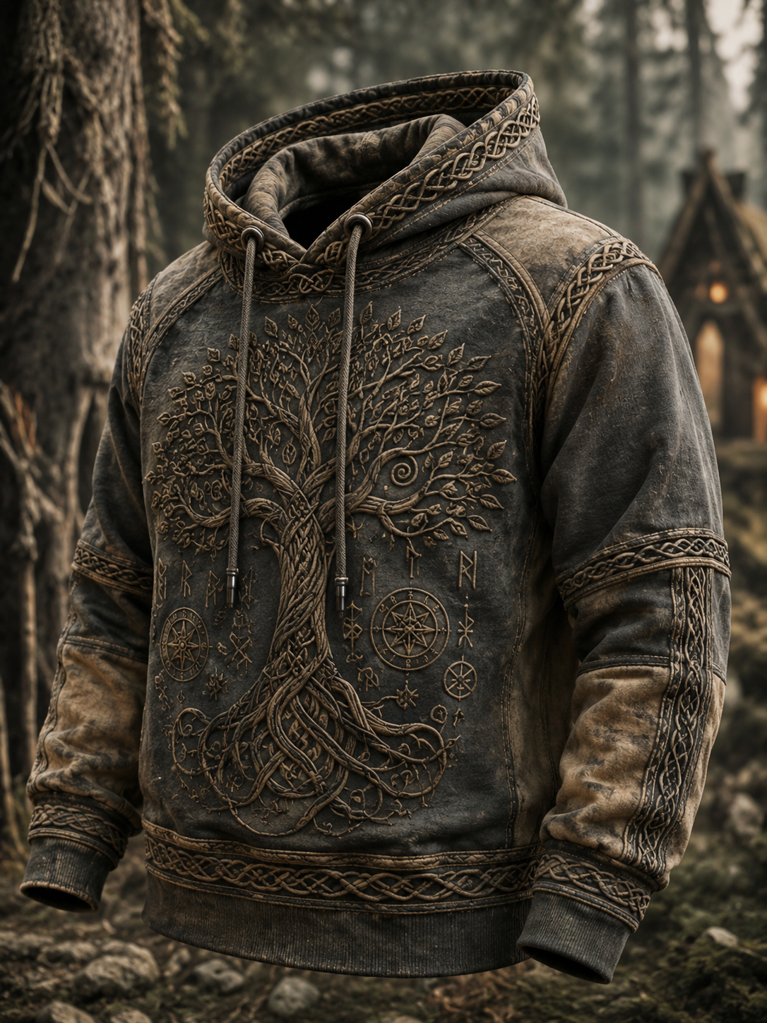 Herren-Retro-Viking-Valknut-Lebensbaum-Übergrößen-Hoodie
