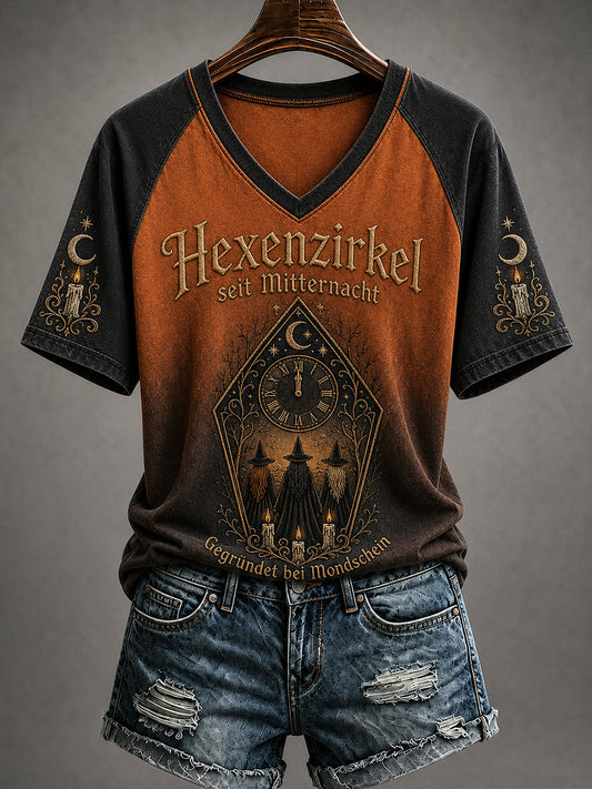 Damen-Halloween-T-Shirt mit Hexen-Print und V-Ausschnitt