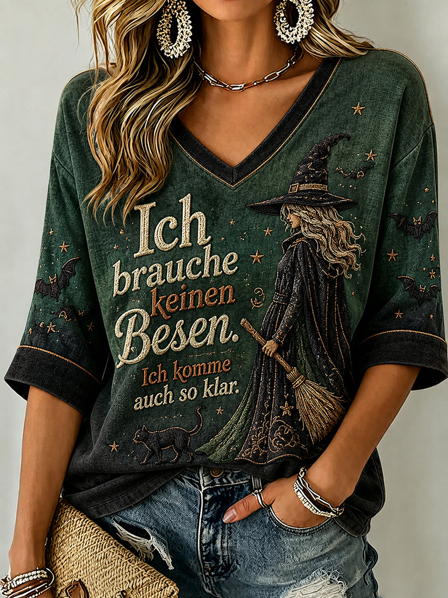 Damen-Halloween-T-Shirt mit mittellangen Ärmeln und V-Ausschnitt, bedruckt