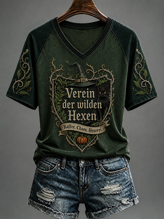 Damen-Halloween-T-Shirt mit Hexen-Print und V-Ausschnitt