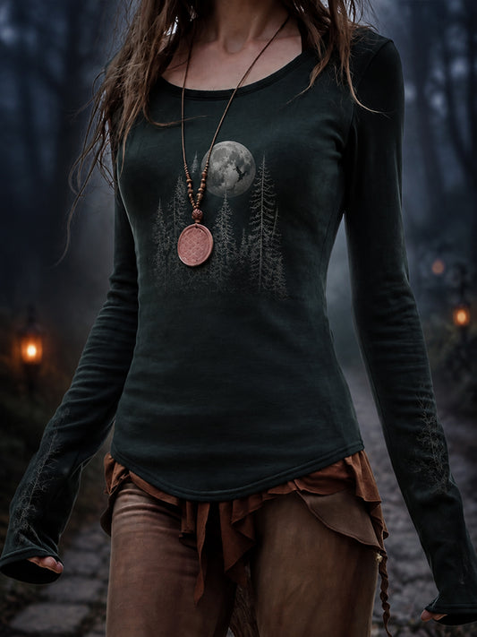 Damen-Halloween-T-Shirt mit Waldmuster und langen Ärmeln