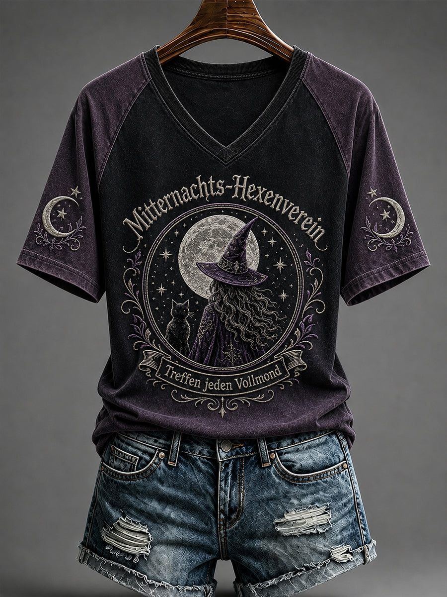 Damen-Halloween-T-Shirt mit Hexen-Print und V-Ausschnitt