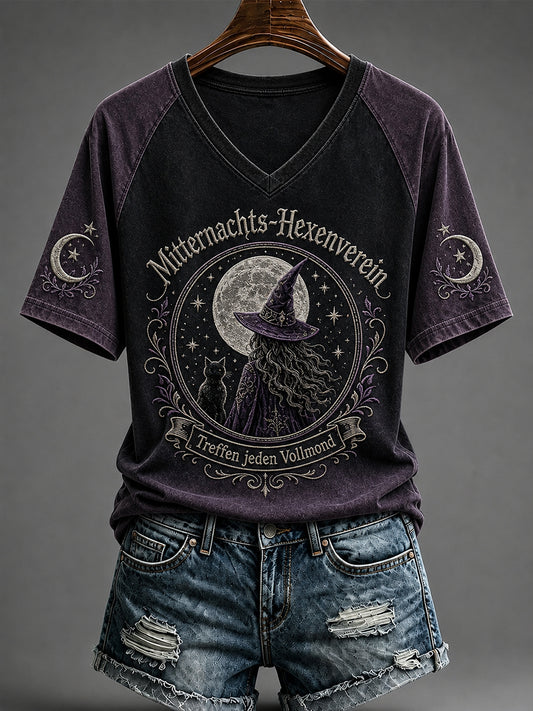 Damen-Halloween-T-Shirt mit Hexen-Print und V-Ausschnitt