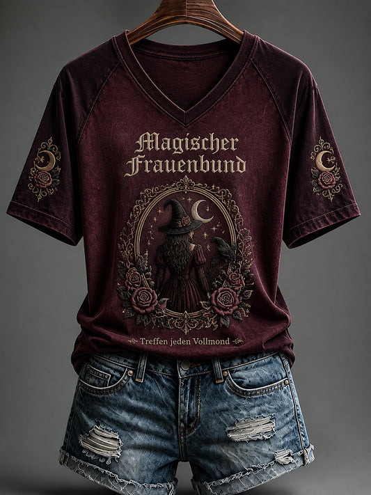 Damen-Halloween-T-Shirt mit Hexen-Print und V-Ausschnitt