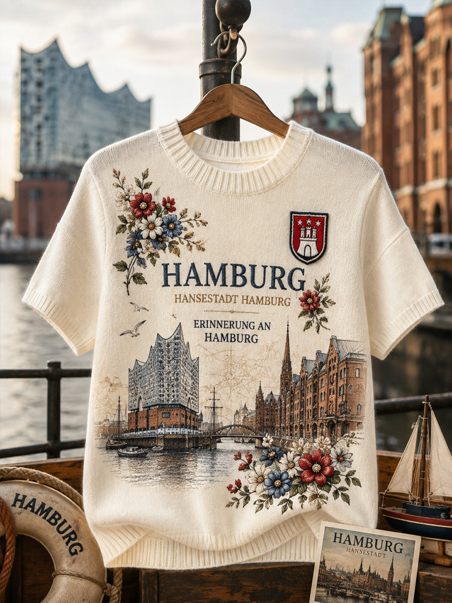 Damen-Stricktop mit kurzen Ärmeln und grafischem Städte-Souvenir-Print