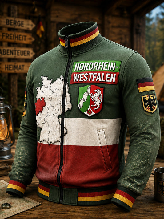 Herren-Jacke im Vintage-Stil mit deutschem Nordrhein-Emblem, Patchwork-Print und Reißverschluss für den Alltag