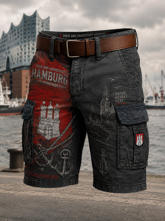 Herren-Kurzhose im Retro-Stil mit städtischem Grafikdruck und Cargotaschen