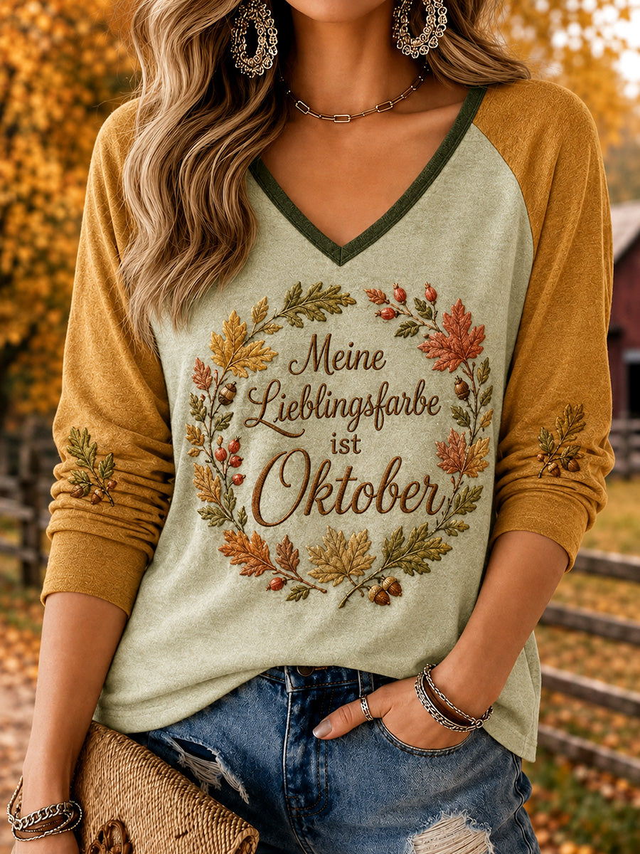 Damen-T-Shirt im Herbstlook mit V-Ausschnitt und langen Ärmeln, bedruckt