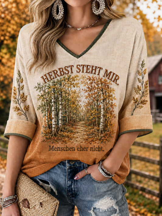 Damen-T-Shirt im Herbststil mit mittellangen Ärmeln und V-Ausschnitt