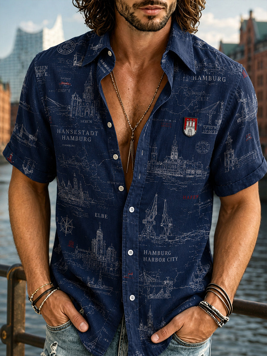 Herren-Hemd mit kurzen Ärmeln und Vintage-Print im Souvenir-Stil einer Stadt