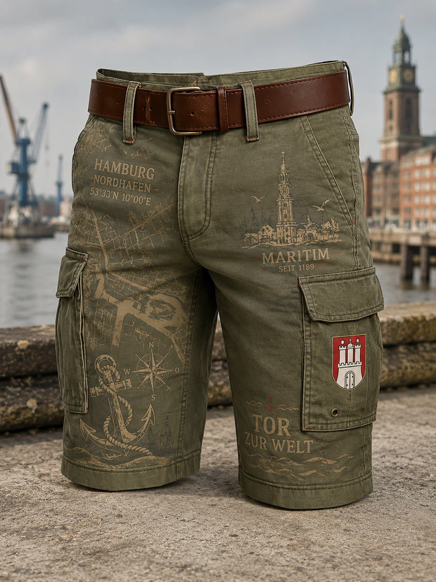 Herren-Kurzhose im Retro-Stil mit städtischem Grafikdruck und Cargotaschen