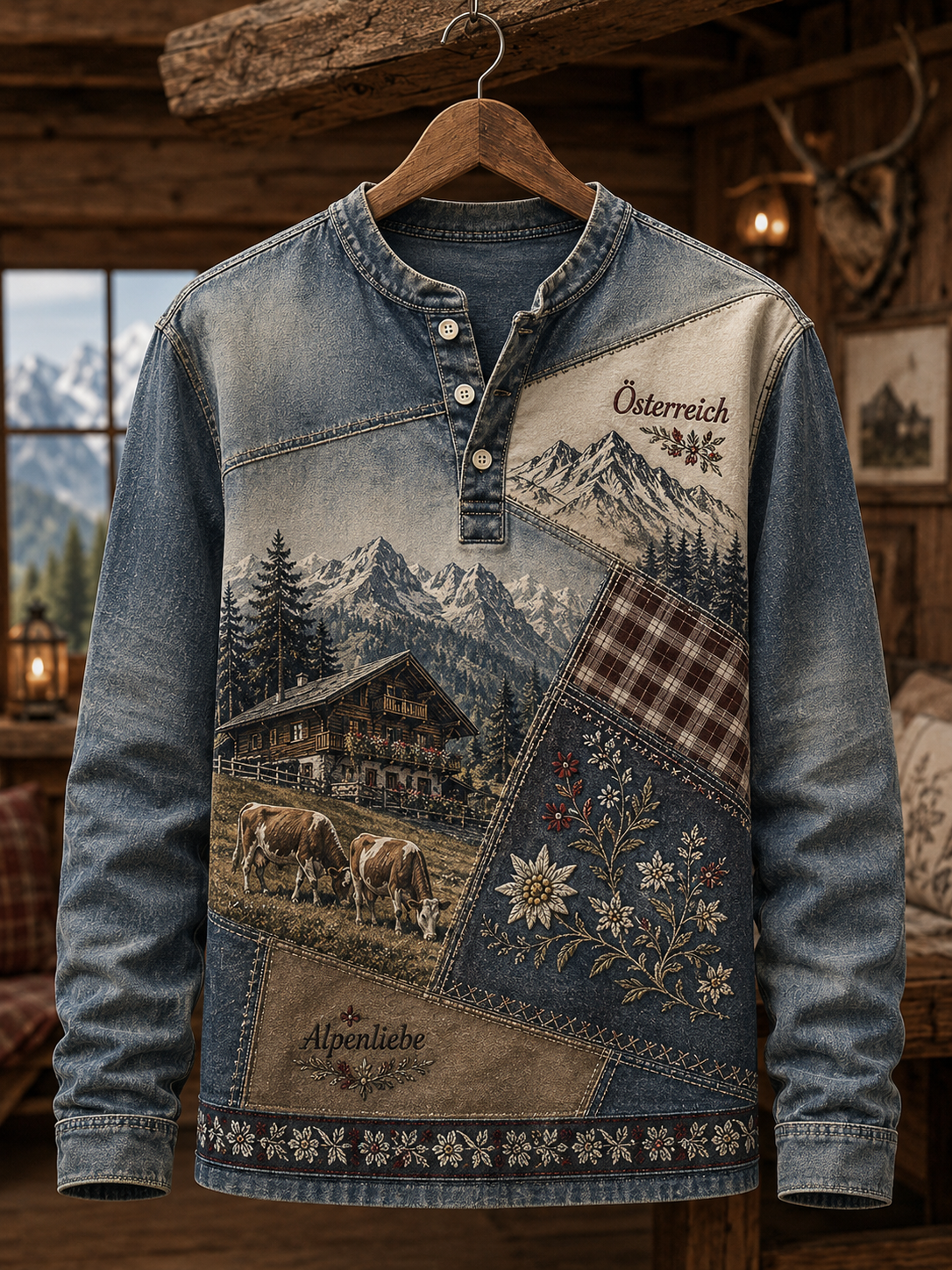Herren-Casual-T-Shirt im österreichischen Landhausstil mit Knöpfen