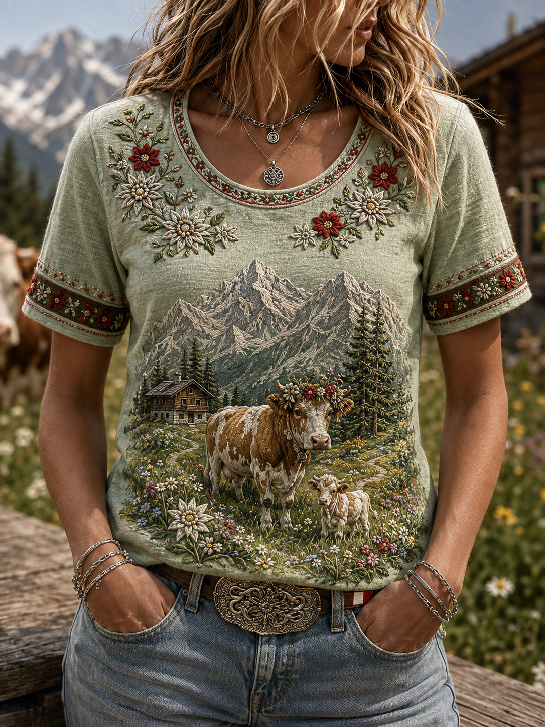 Frauen-T-Shirt mit kurzen Ärmeln im Stil der österreichischen Landkultur