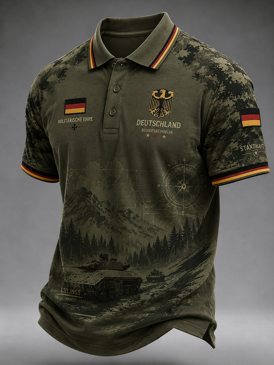 Herren-Poloshirt mit kurzen Ärmeln und Vintage-Print im Militärstil