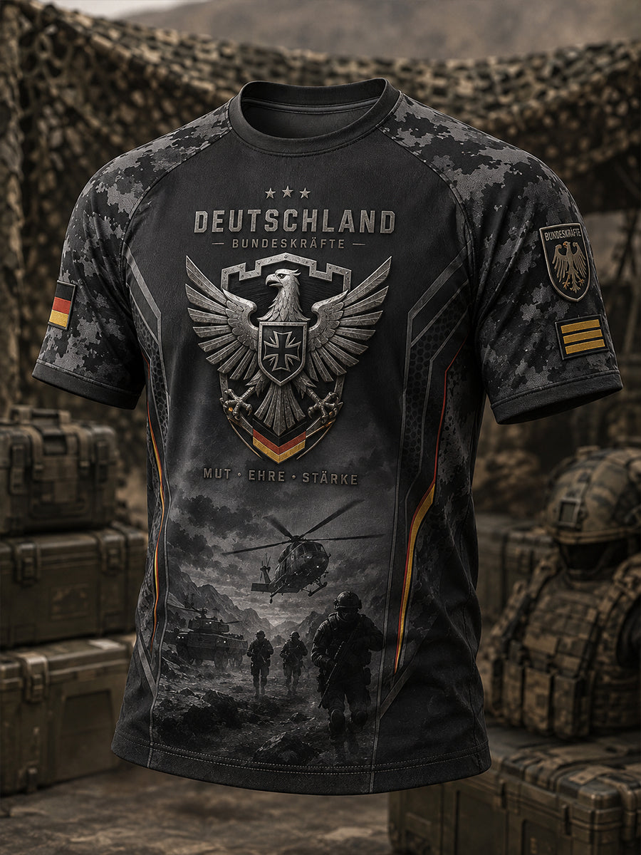 Herren-Raglan-Top mit kurzen Ärmeln und Vintage-Print im Militärstil